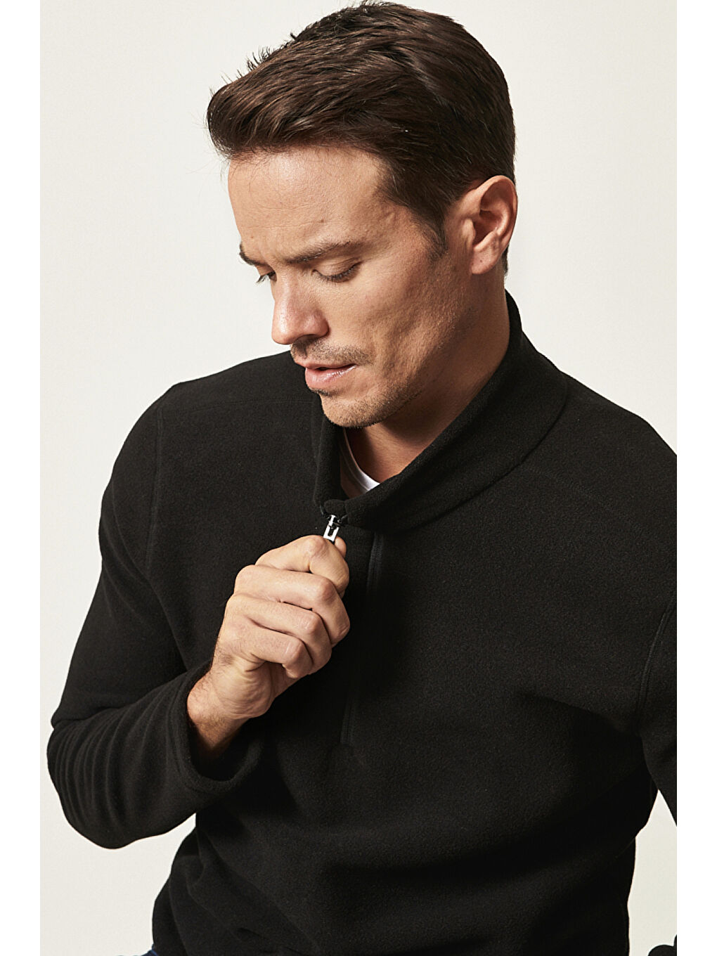 Erkek Siyah Anti-Pilling Tüylenme Yapmayan Standart Fit Dik Yaka Polar Sweatshirt-9