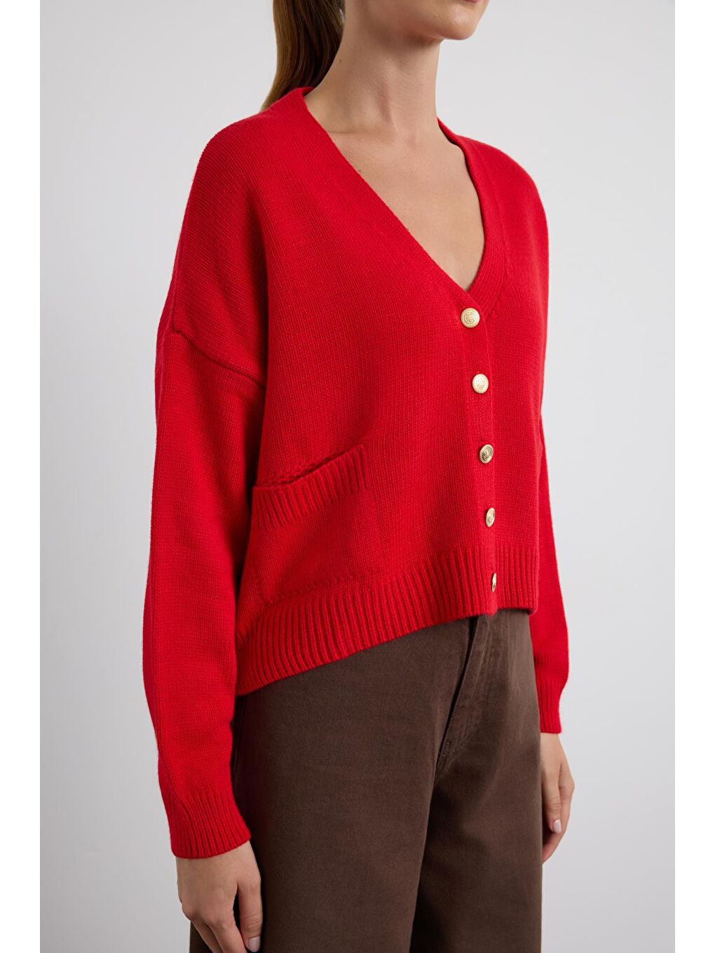 Gold Düğmeli Triko Hırka Kırmızı-5