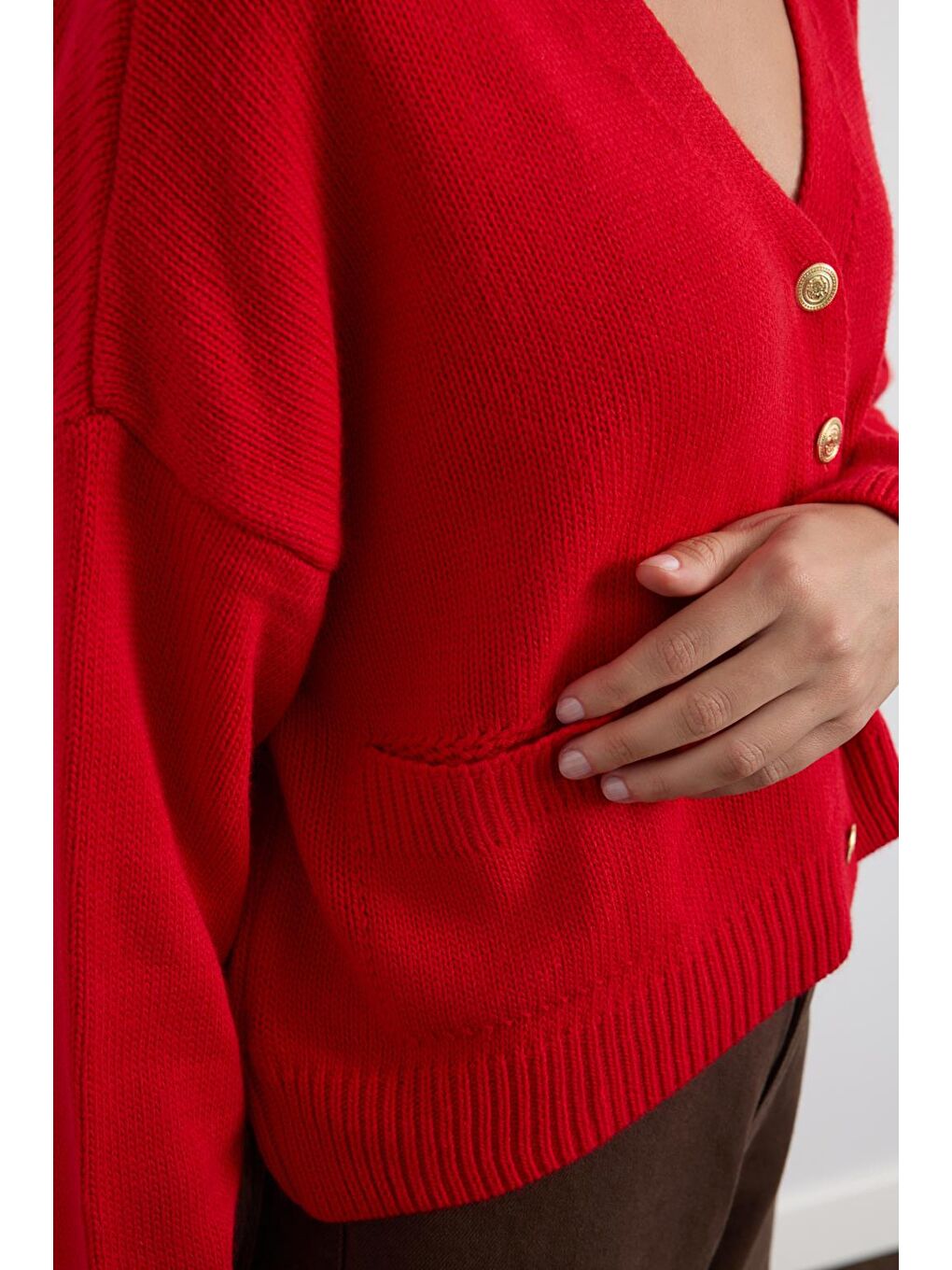 Gold Düğmeli Triko Hırka Kırmızı-6