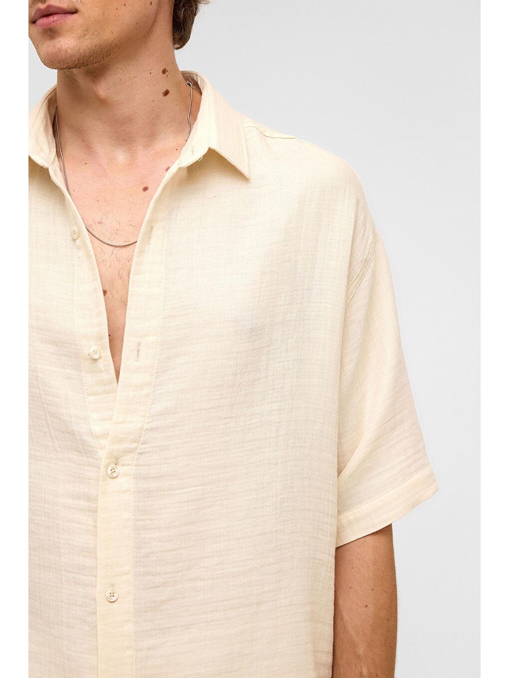 Bej Oversize Kısa Kollu Müslin Kumaş Gömlek Naturel-3