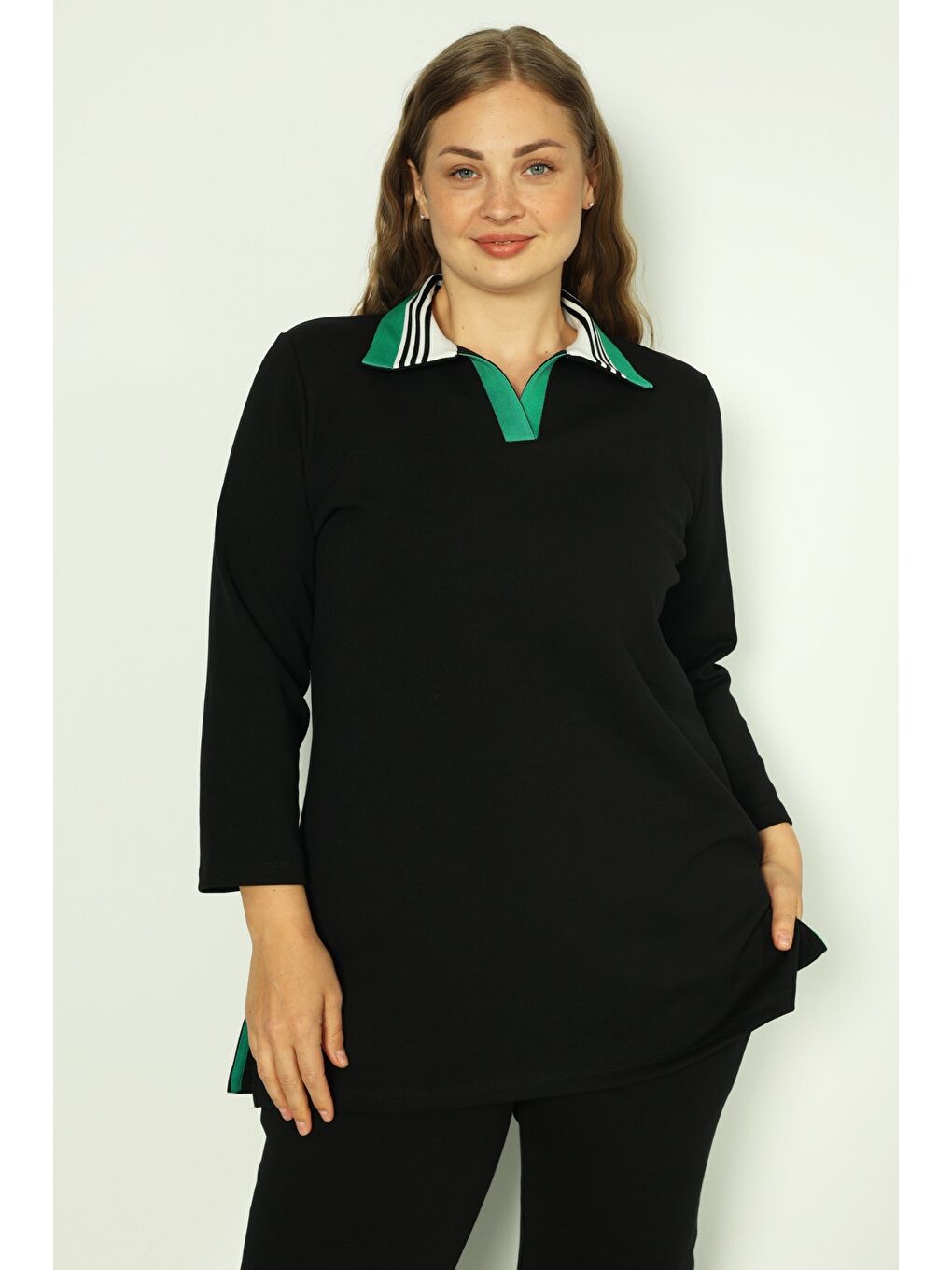 Siyah Kadın Büyük Beden Pamuklu İnterlok Truvakar Kollu Cepli Biyeli Alt-Üst Eşofman Takımı-2