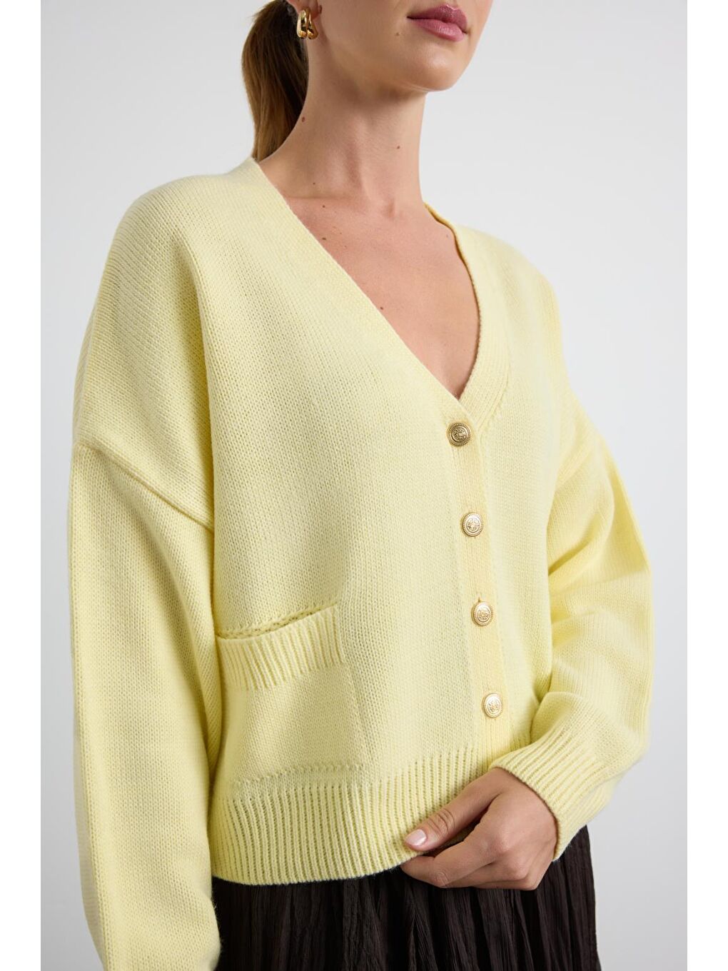 Gold Düğmeli Triko Hırka Sarı-7