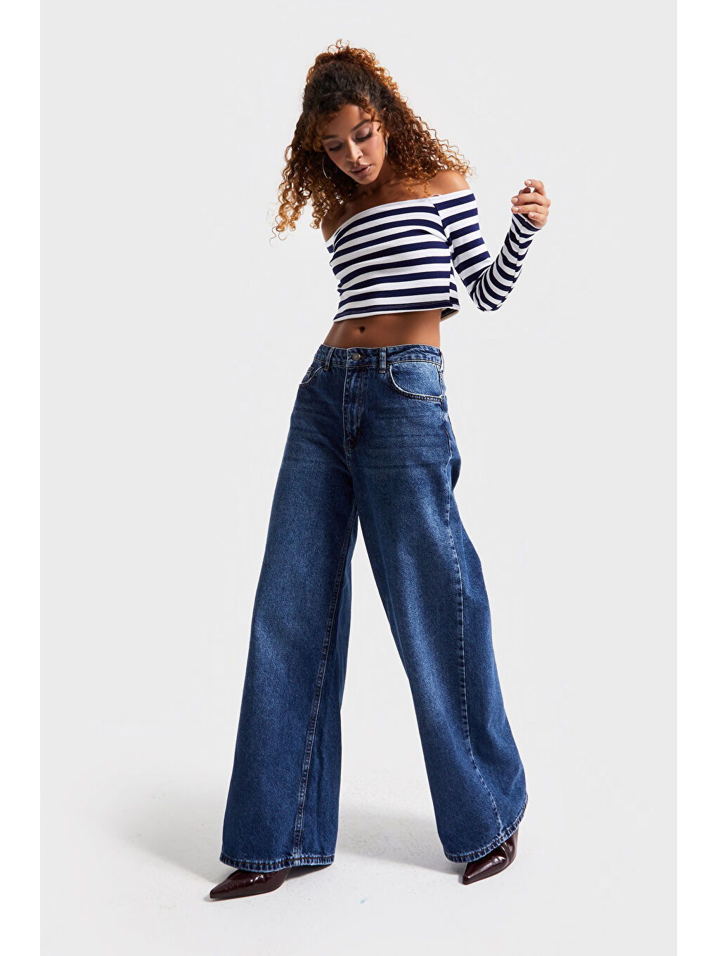 Kadın Koyu Mavi Renk 2w5-5 Süper Baggy Fit Bol Kesim Orta Bel %100 Pamuk Denim Jean-4