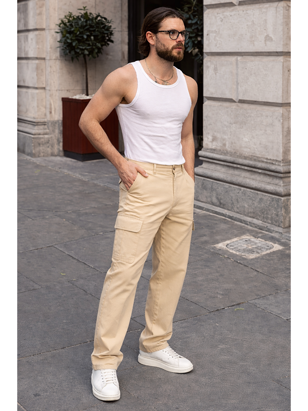Bej Erkek Günlük Kargo Cep Taş Baggy Pantolon-1