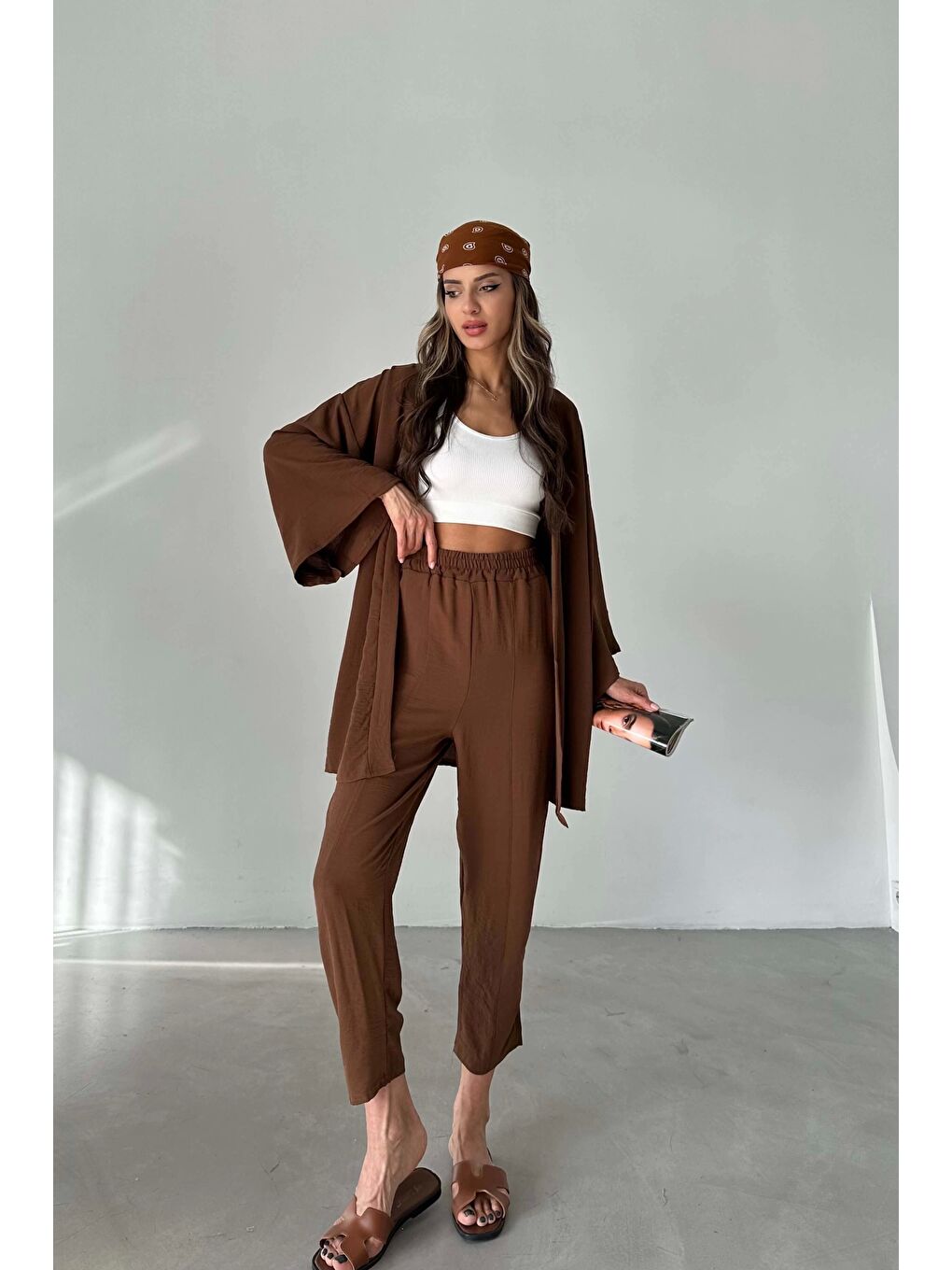 Kahverengi Kadın Kahve Kimono Takım 1018-0075-5