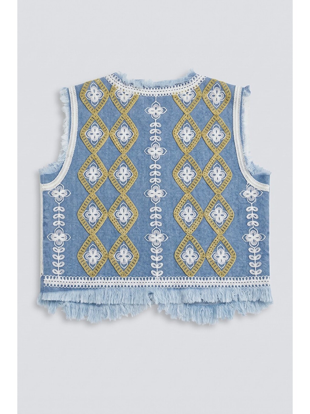 Mavi Kadın Bisiklet Yaka Zincir Nakışlı & Saçaklı Denim Crop Yelek-6