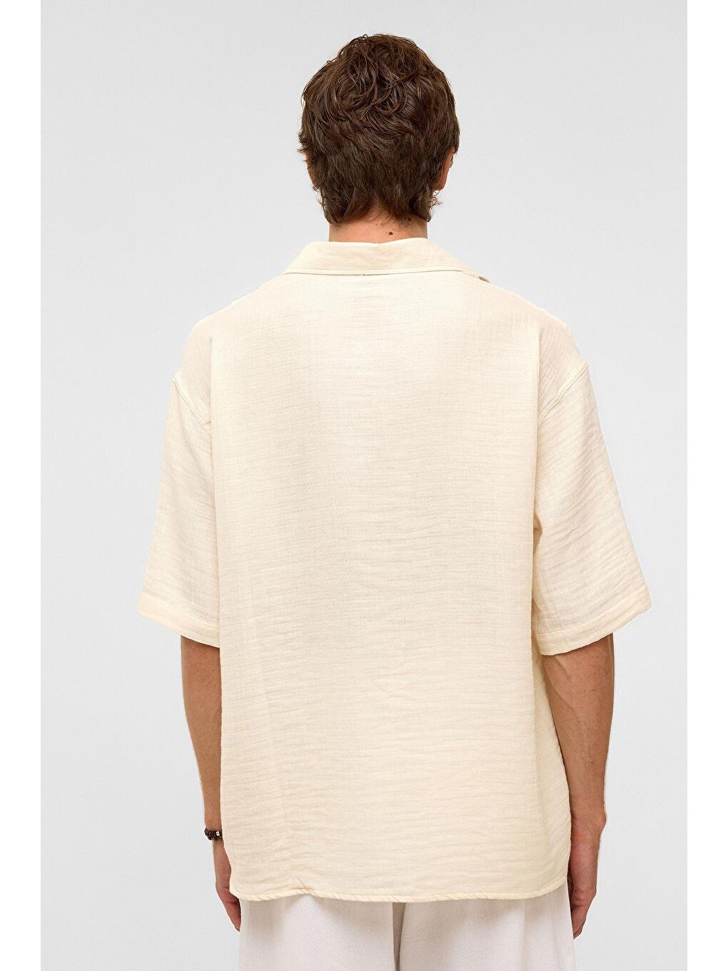 Bej Oversize Kısa Kollu Müslin Kumaş Gömlek Naturel-6