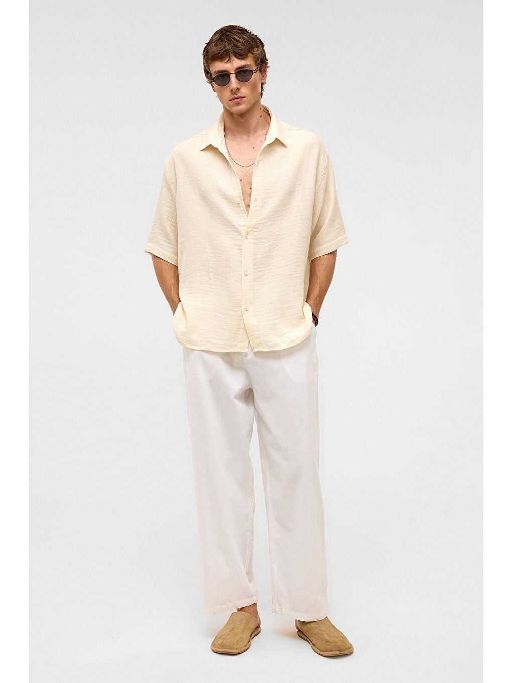 Bej Oversize Kısa Kollu Müslin Kumaş Gömlek Naturel-7