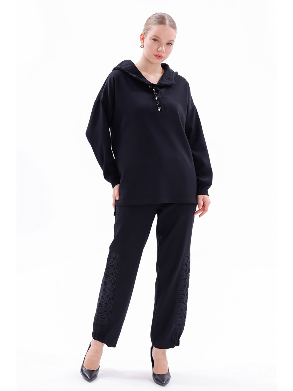 Dantel Detay Tunik Pantolon Takım 19467 Siyah