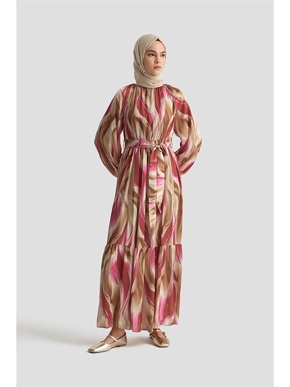 Pembe Desenli Elbise 25Yd4026 Fuşya-1