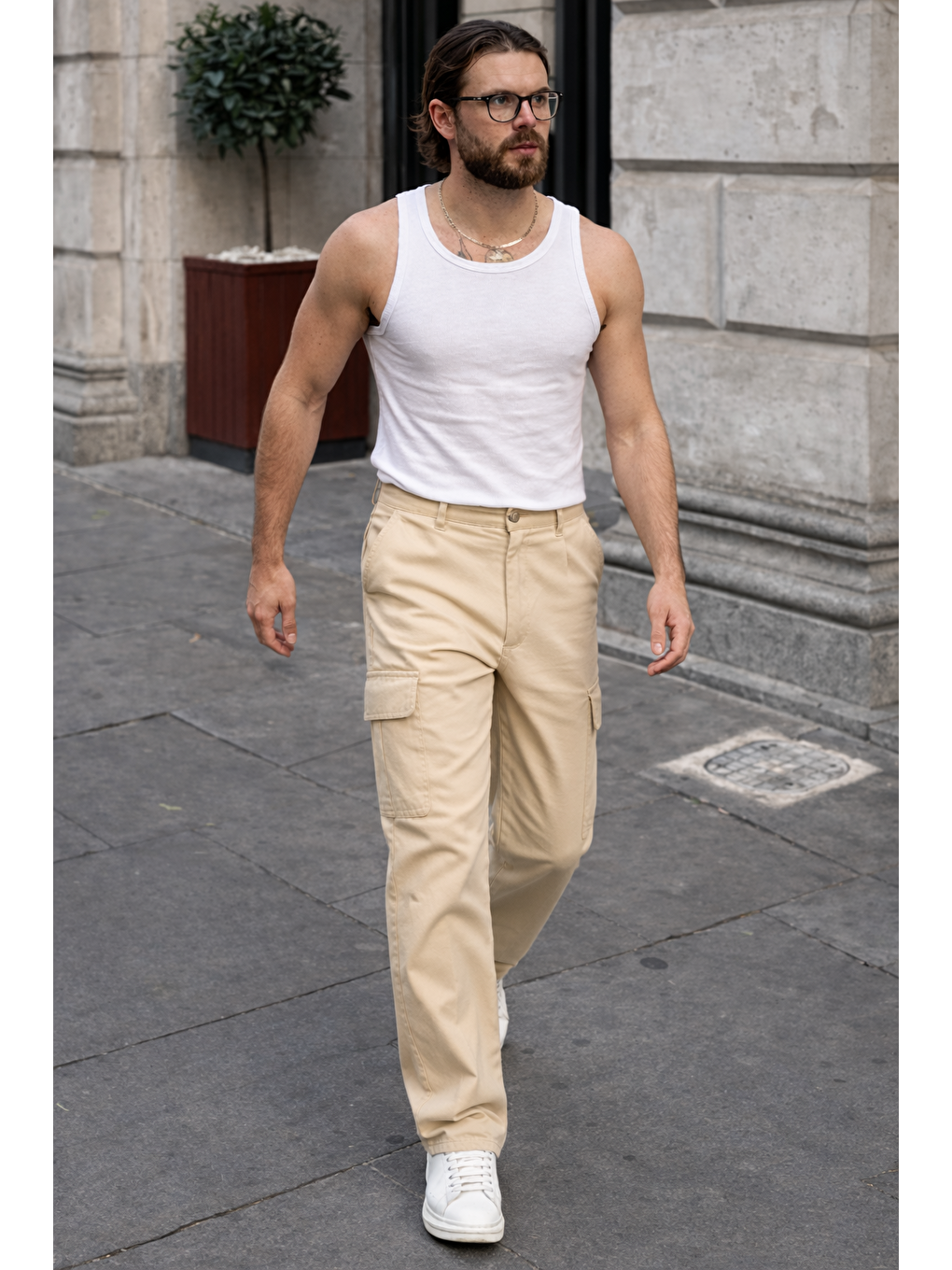 Bej Erkek Günlük Kargo Cep Taş Baggy Pantolon-3