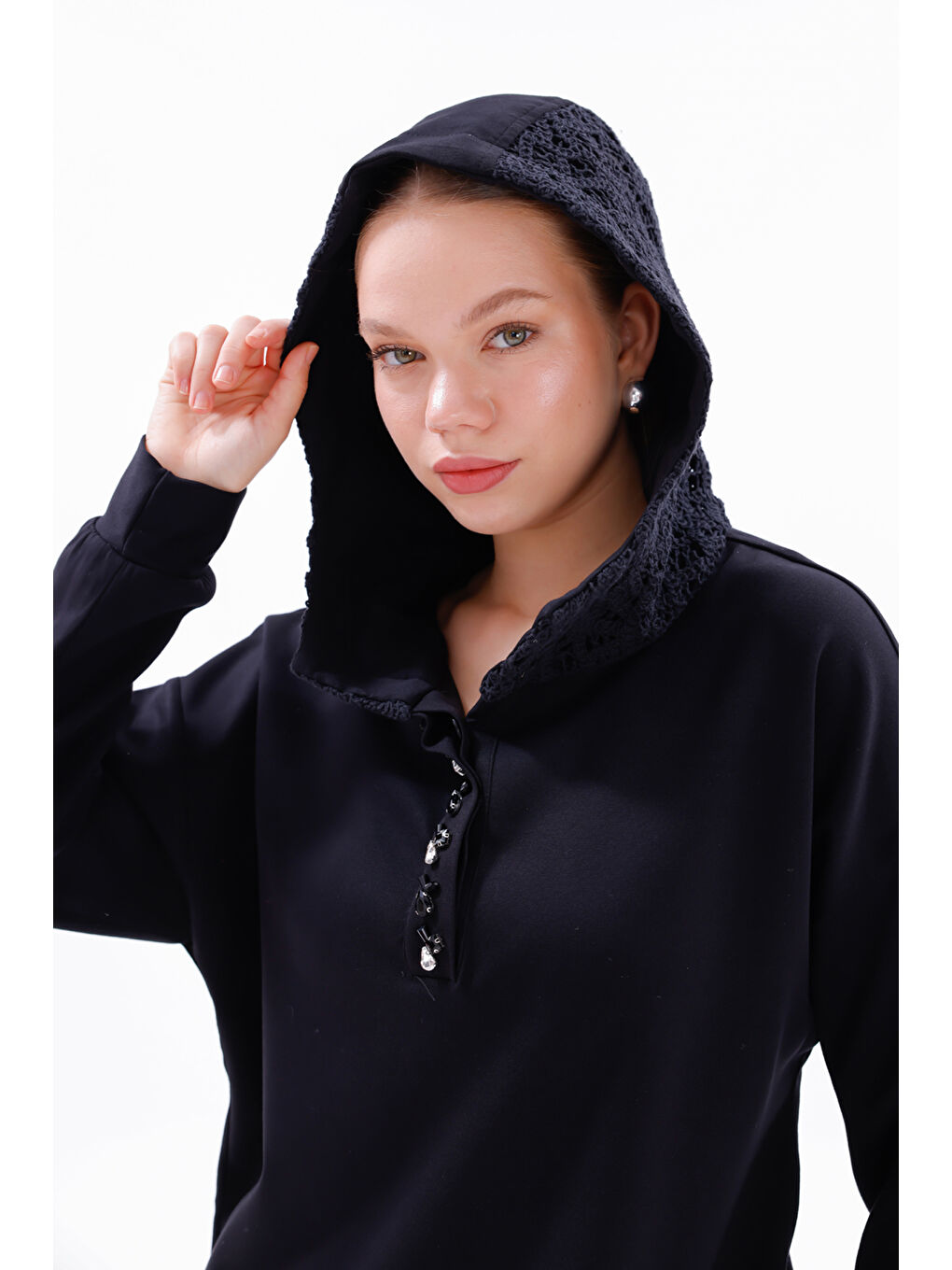 Dantel Detay Tunik Pantolon Takım 19467 Siyah-1