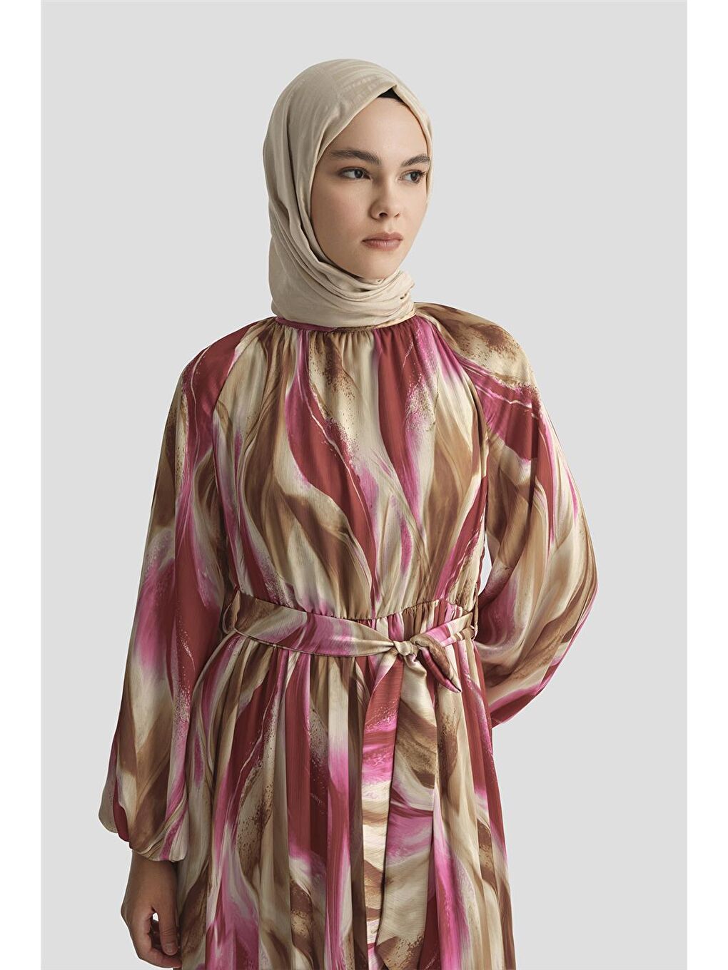 Pembe Desenli Elbise 25Yd4026 Fuşya-3