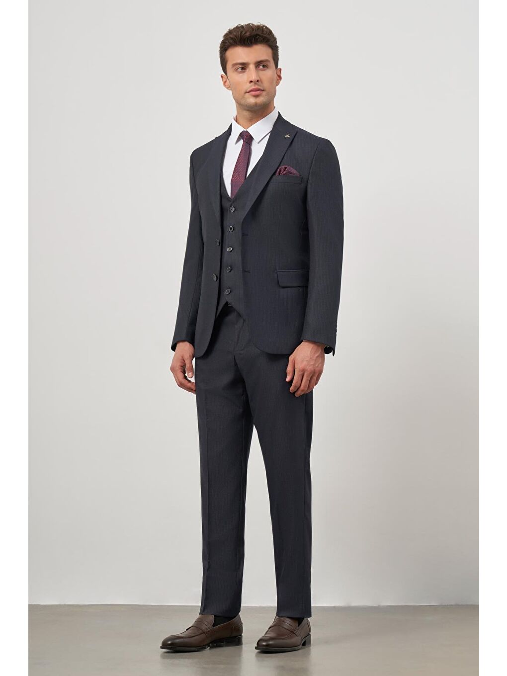 Koyu Lacivert Kılıç Yaka Yelekli 6 Drop Slim Fit Classic Takım Elbise 1001245153-5