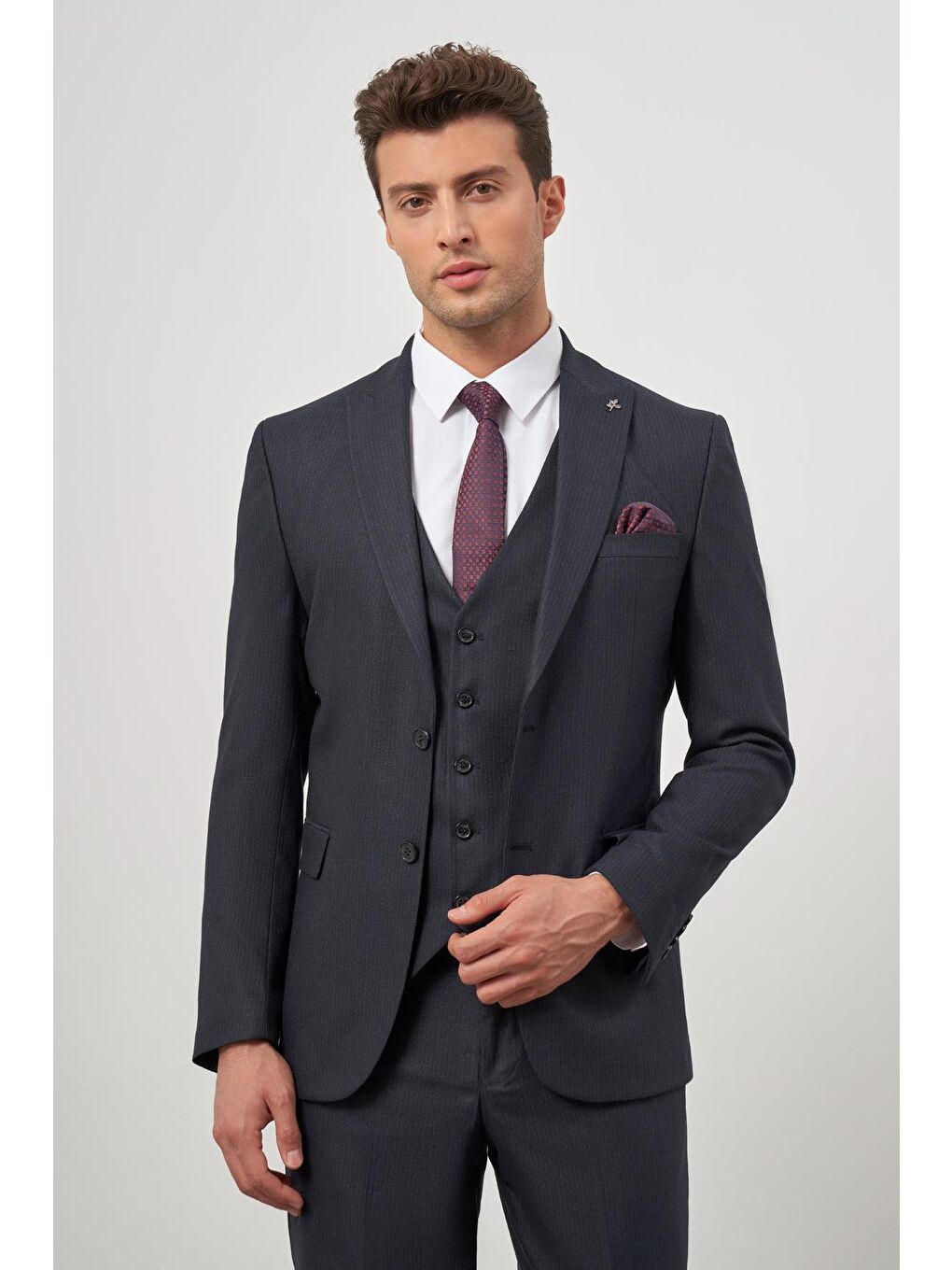 Koyu Lacivert Kılıç Yaka Yelekli 6 Drop Slim Fit Classic Takım Elbise 1001245153-6