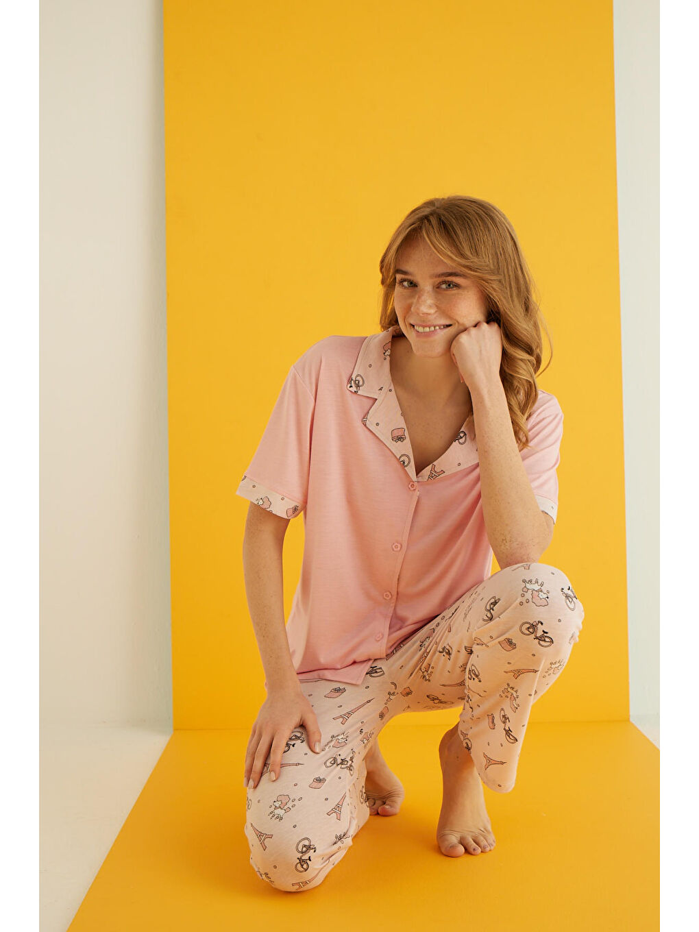 Pembe Viskon Düğmeli Pijama Takımı 7044-5