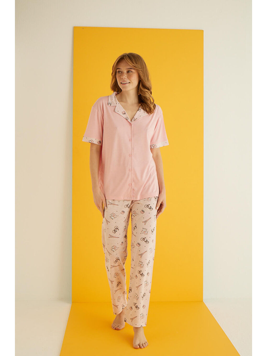 Pembe Viskon Düğmeli Pijama Takımı 7044-5-1