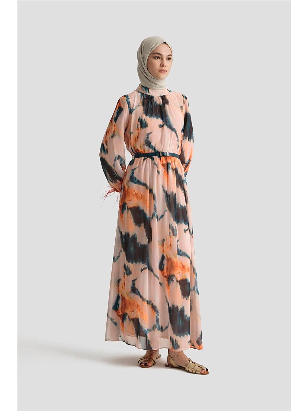 Pembe Desenli Elbise 25Yd4024 Mercan