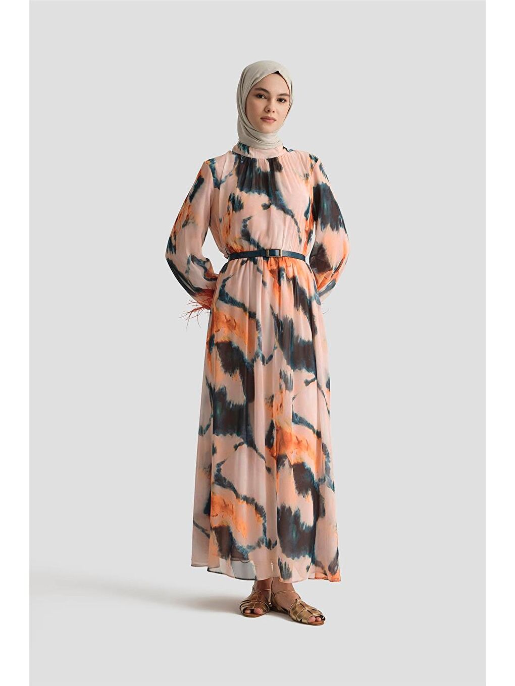 Pembe Desenli Elbise 25Yd4024 Mercan-1