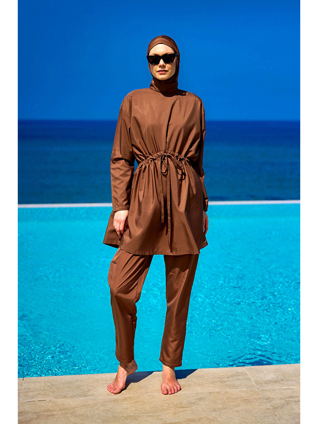 Kahverengi Hakim Yaka Tam Kapalı Tesettür Mayo Takımı A2502-3-2