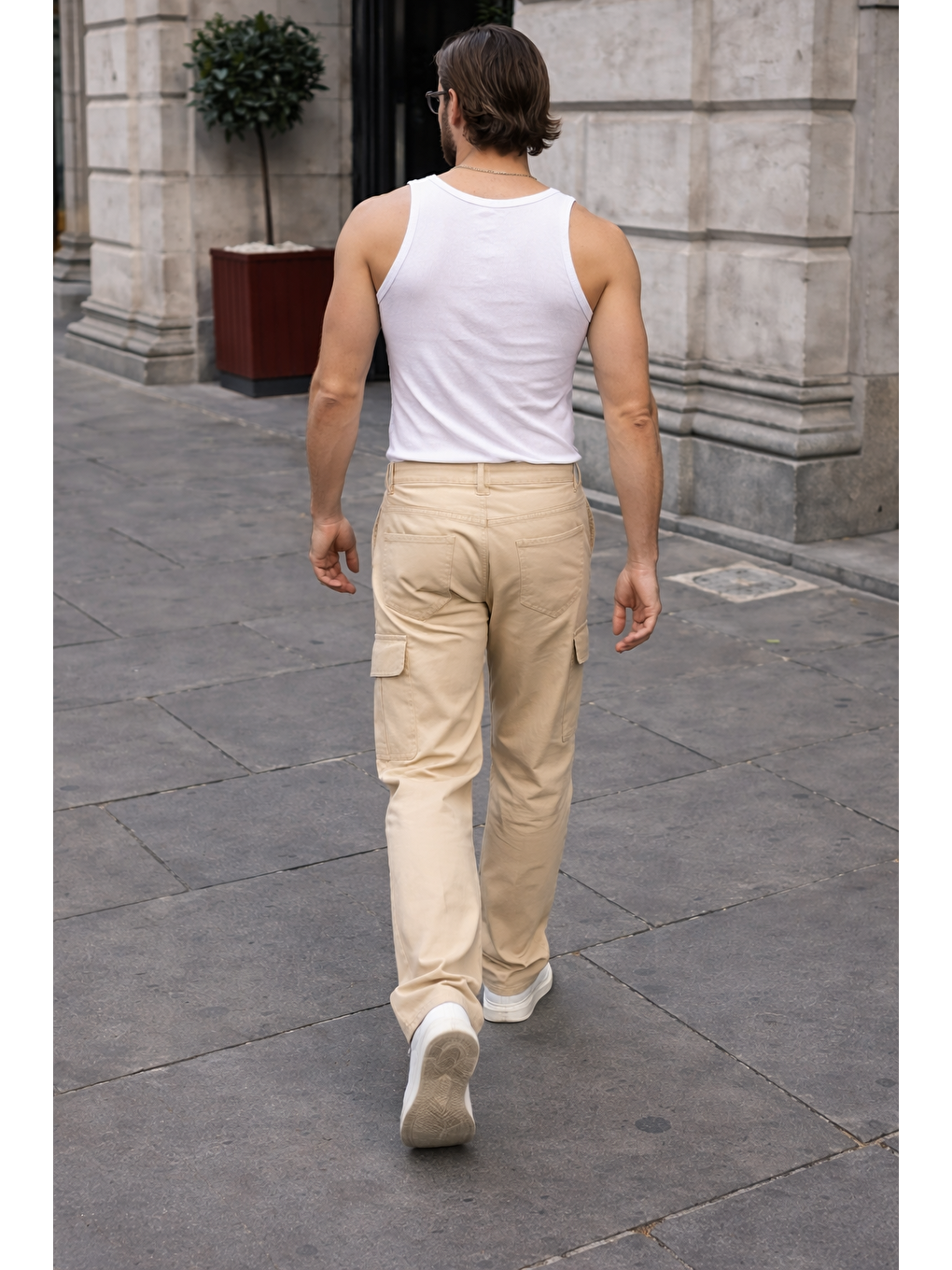 Bej Erkek Günlük Kargo Cep Taş Baggy Pantolon-5