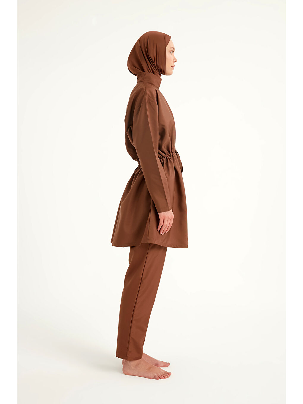 Kahverengi Hakim Yaka Tam Kapalı Tesettür Mayo Takımı A2502-3-4