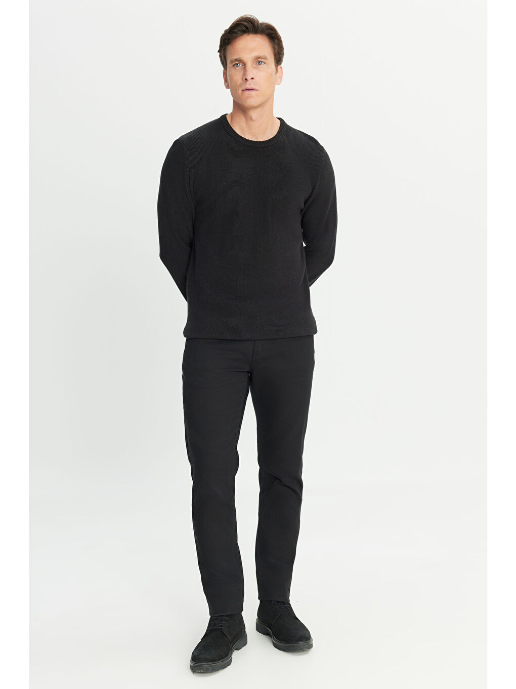 Erkek Siyah Pamuklu Standart Fit Normal Kesim Selanik Örgü Bisiklet Yaka Triko Kazak-1