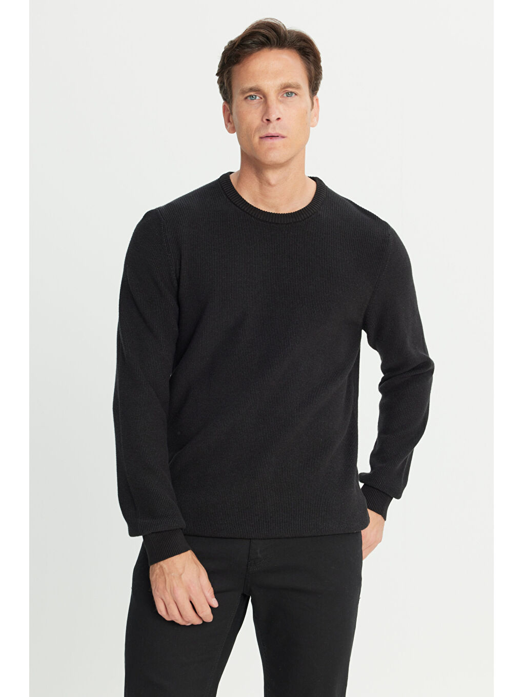 Erkek Siyah Pamuklu Standart Fit Normal Kesim Selanik Örgü Bisiklet Yaka Triko Kazak-2