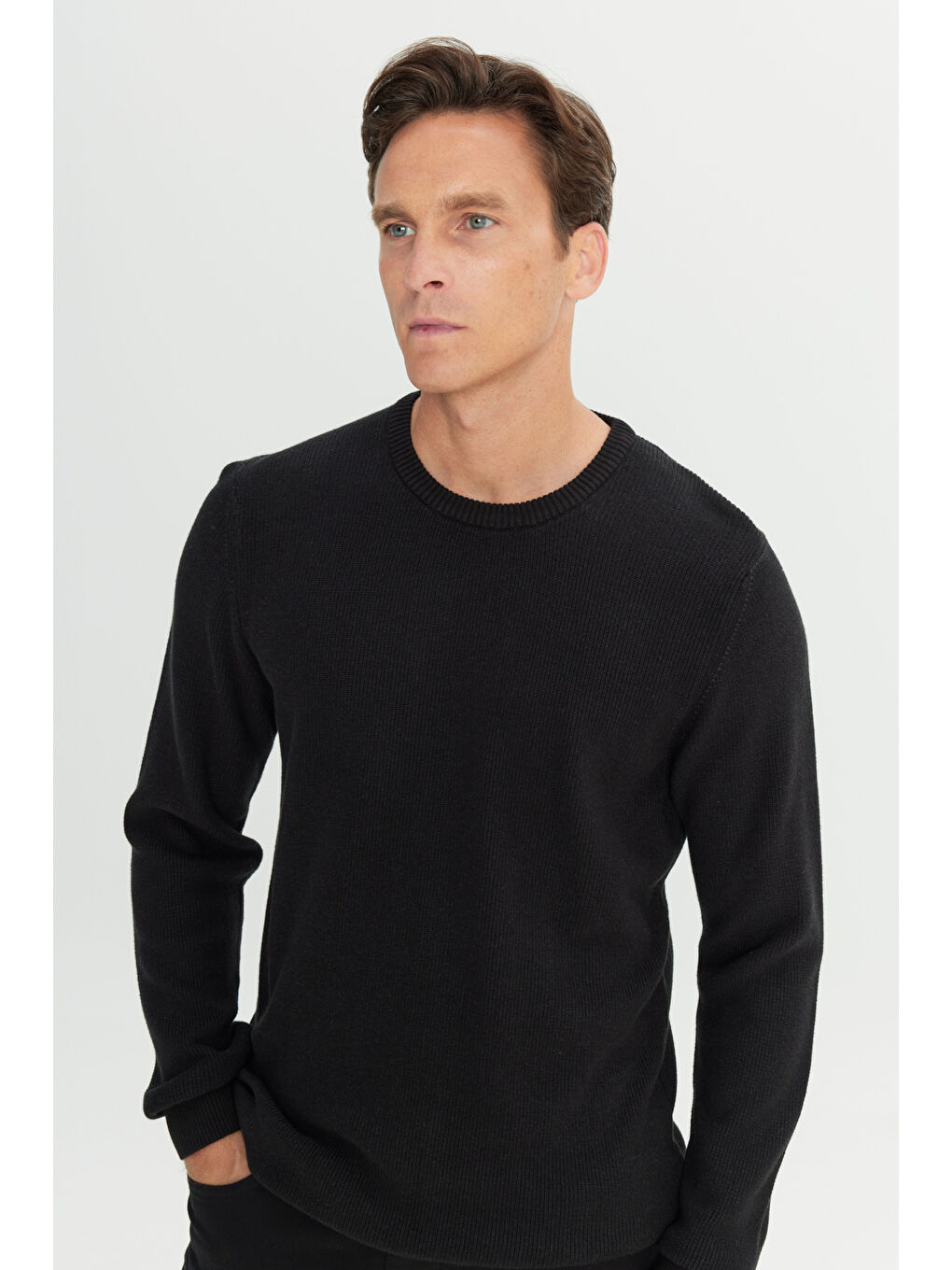 Erkek Siyah Pamuklu Standart Fit Normal Kesim Selanik Örgü Bisiklet Yaka Triko Kazak-3