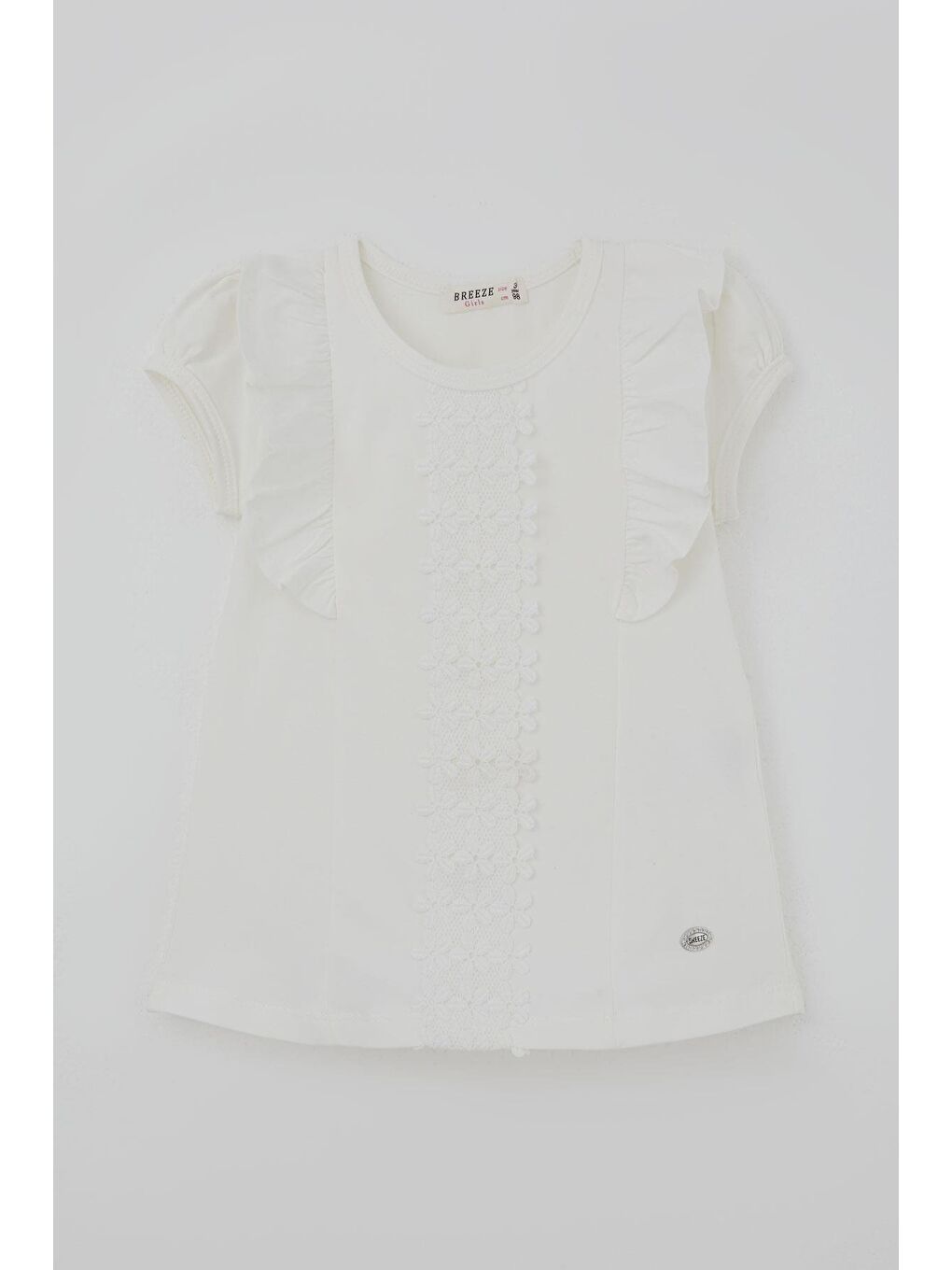 Kız Çocuk Tişört Çiçek Güpür Nakış Detaylı Ekru (3-8 Yaş)