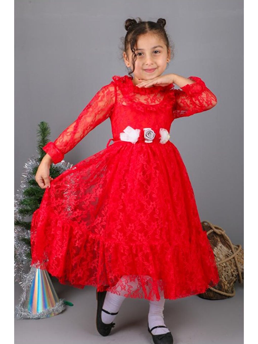 Kırmızı Çiçek Motif Dantelli Çocuk Elbise MNK0580