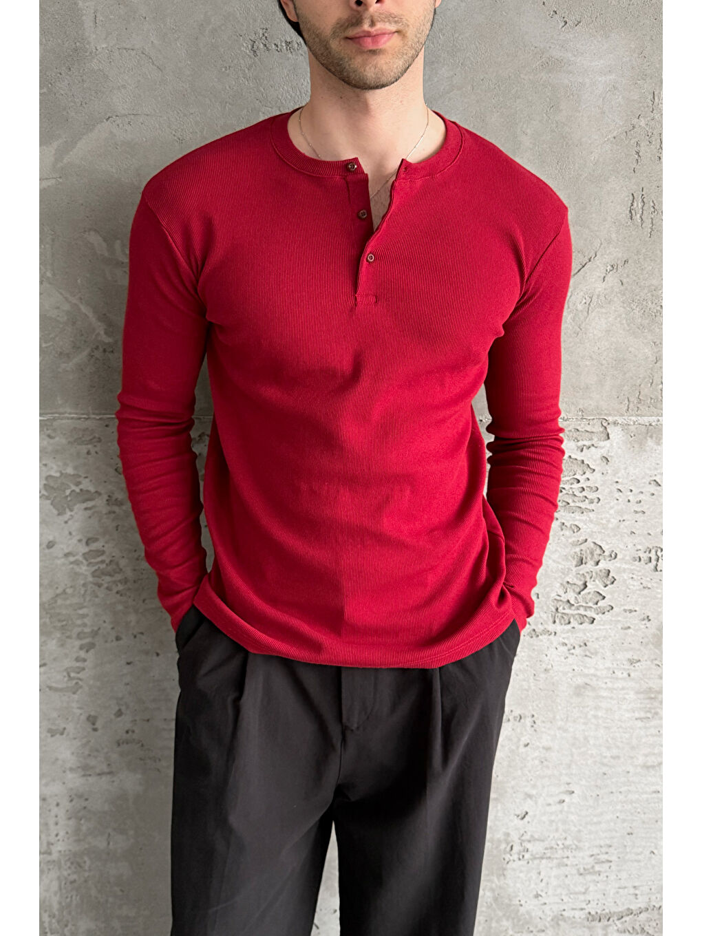 Kırmızı Erkek Henley Yaka Düğmeli Penye Bluz