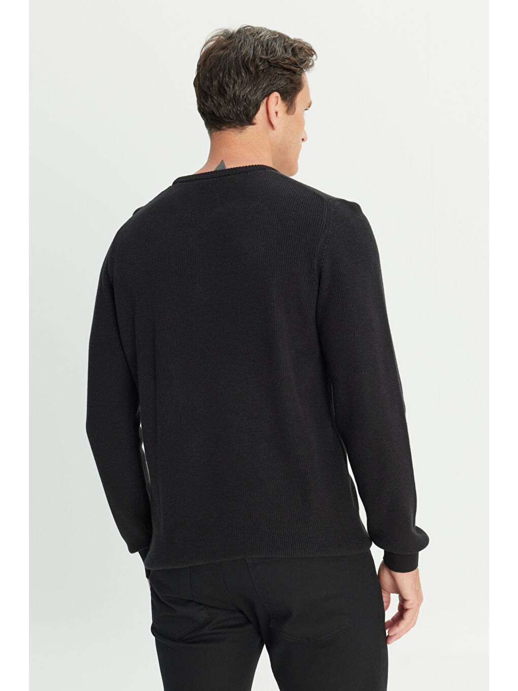 Erkek Siyah Pamuklu Standart Fit Normal Kesim Selanik Örgü Bisiklet Yaka Triko Kazak-5