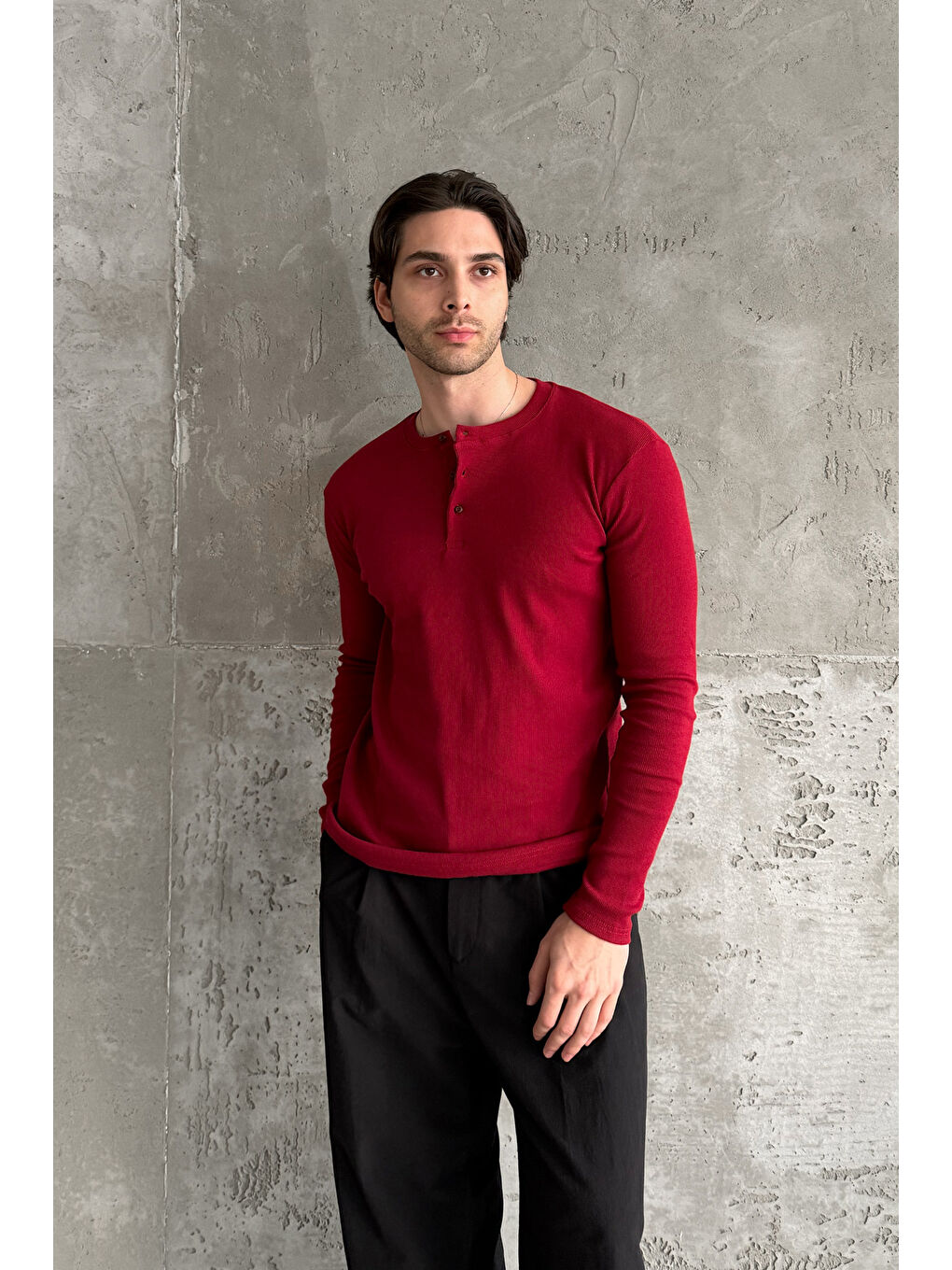 Kırmızı Erkek Henley Yaka Düğmeli Penye Bluz-1