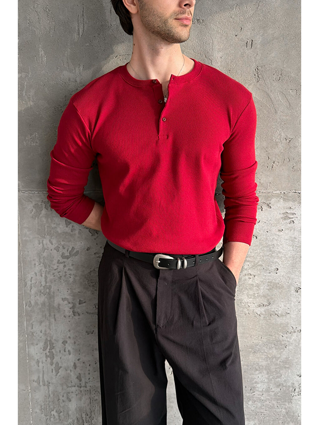 Kırmızı Erkek Henley Yaka Düğmeli Penye Bluz-2