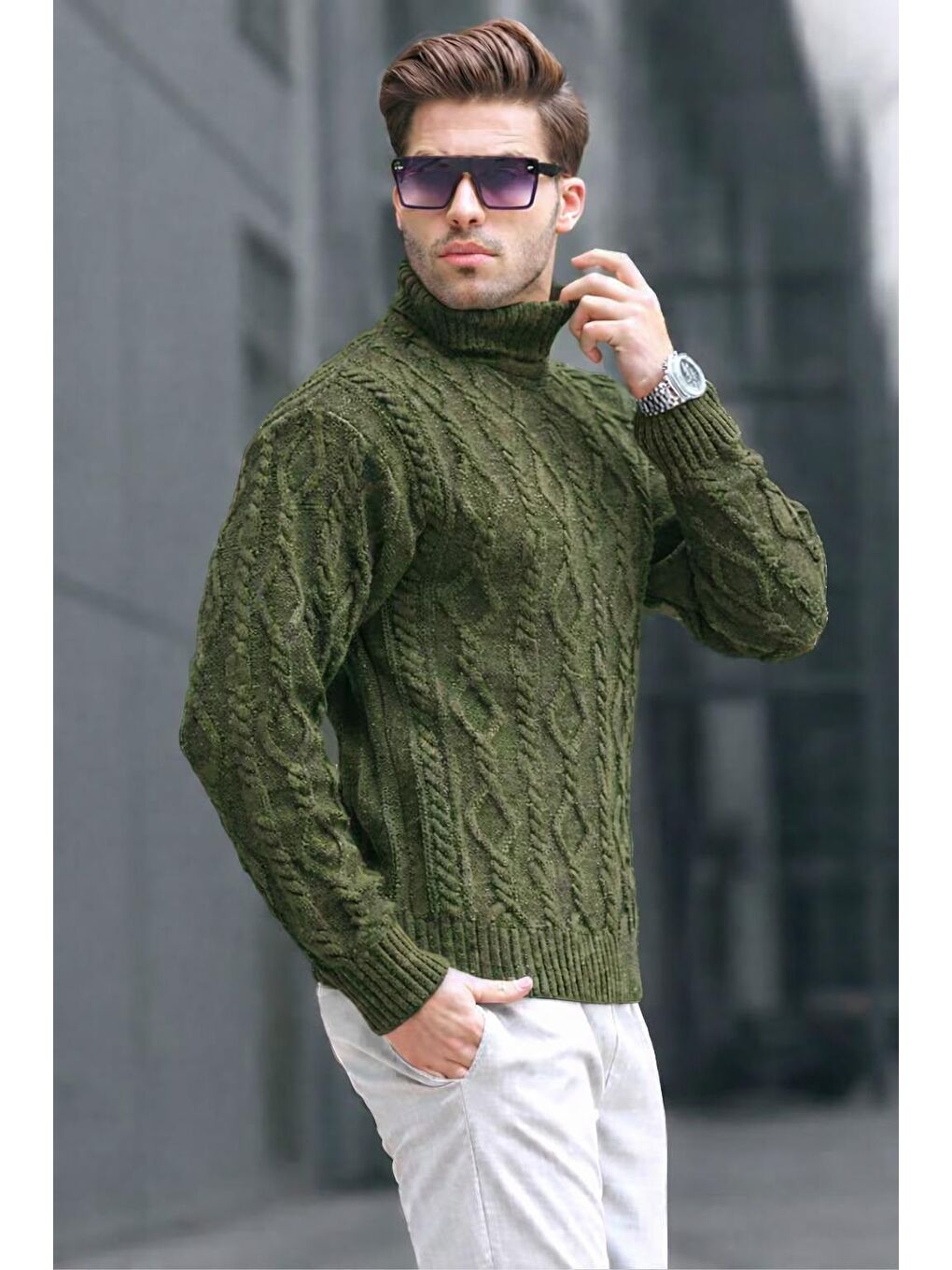 Haki Balıkçı Yaka Erkek Triko Kazak 6854-1