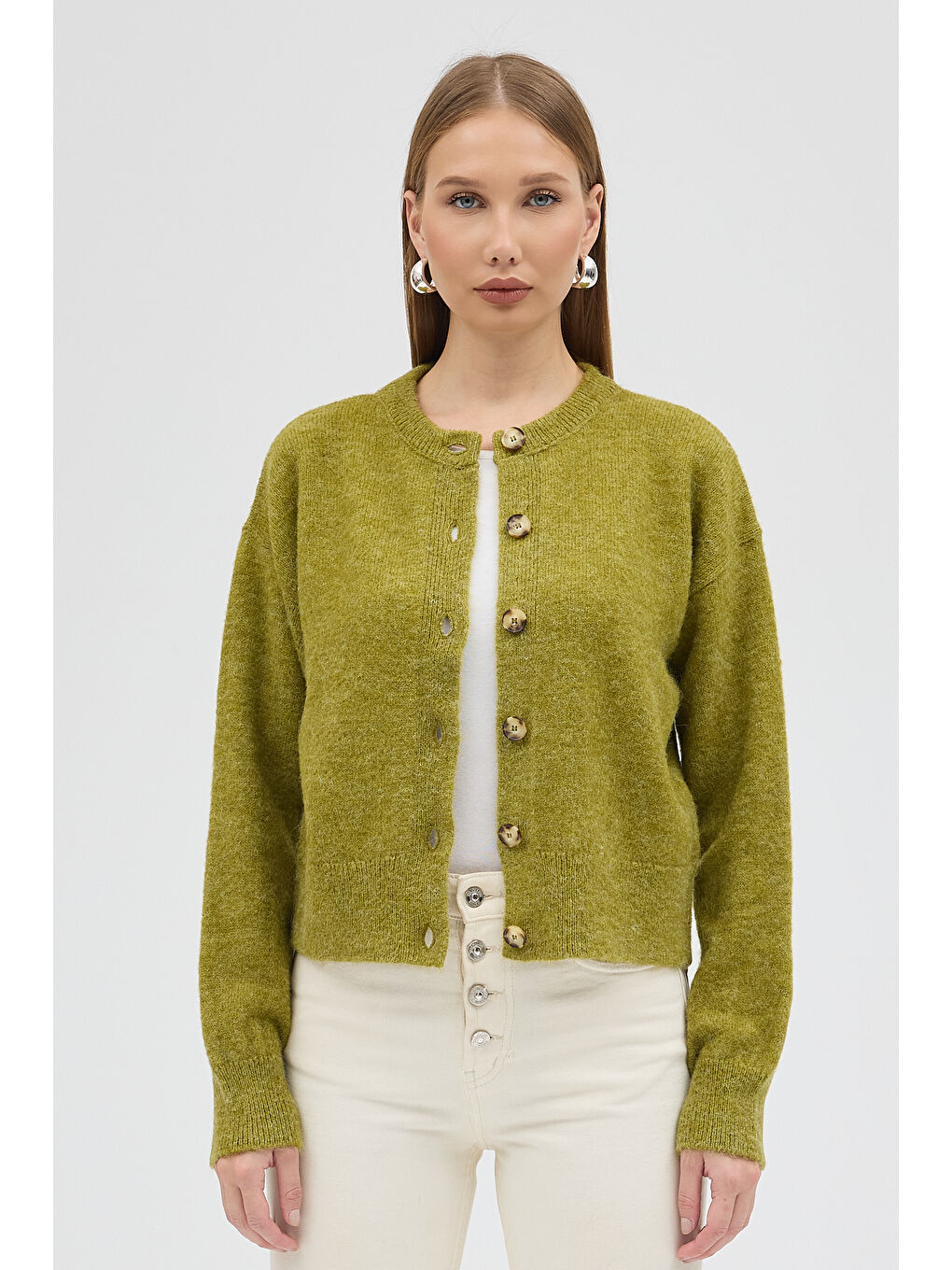 Montro - Düğme Detaylı Yumuşak Dokulu Triko Hırka - Yeşil Renk-2