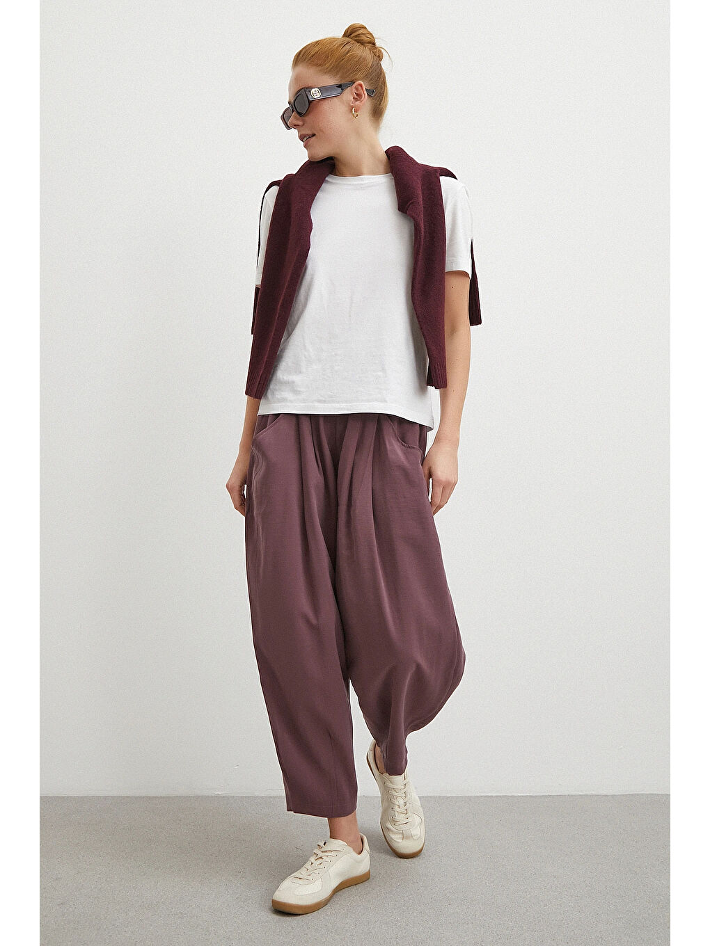 Bağcıklı Beli Lastikli Pileli Pantolon Mürdüm-1