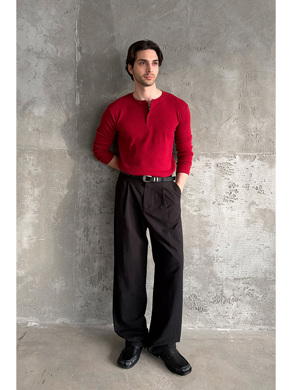 Kırmızı Erkek Henley Yaka Düğmeli Penye Bluz-3