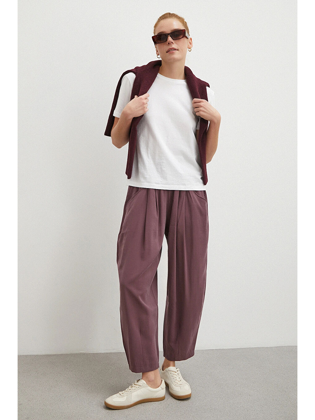 Bağcıklı Beli Lastikli Pileli Pantolon Mürdüm-2