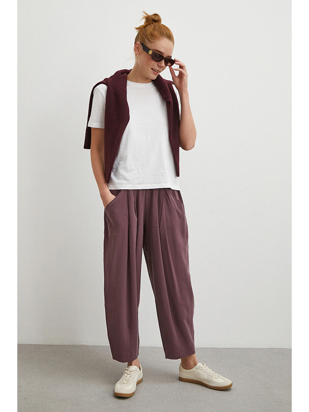 Bağcıklı Beli Lastikli Pileli Pantolon Mürdüm-3