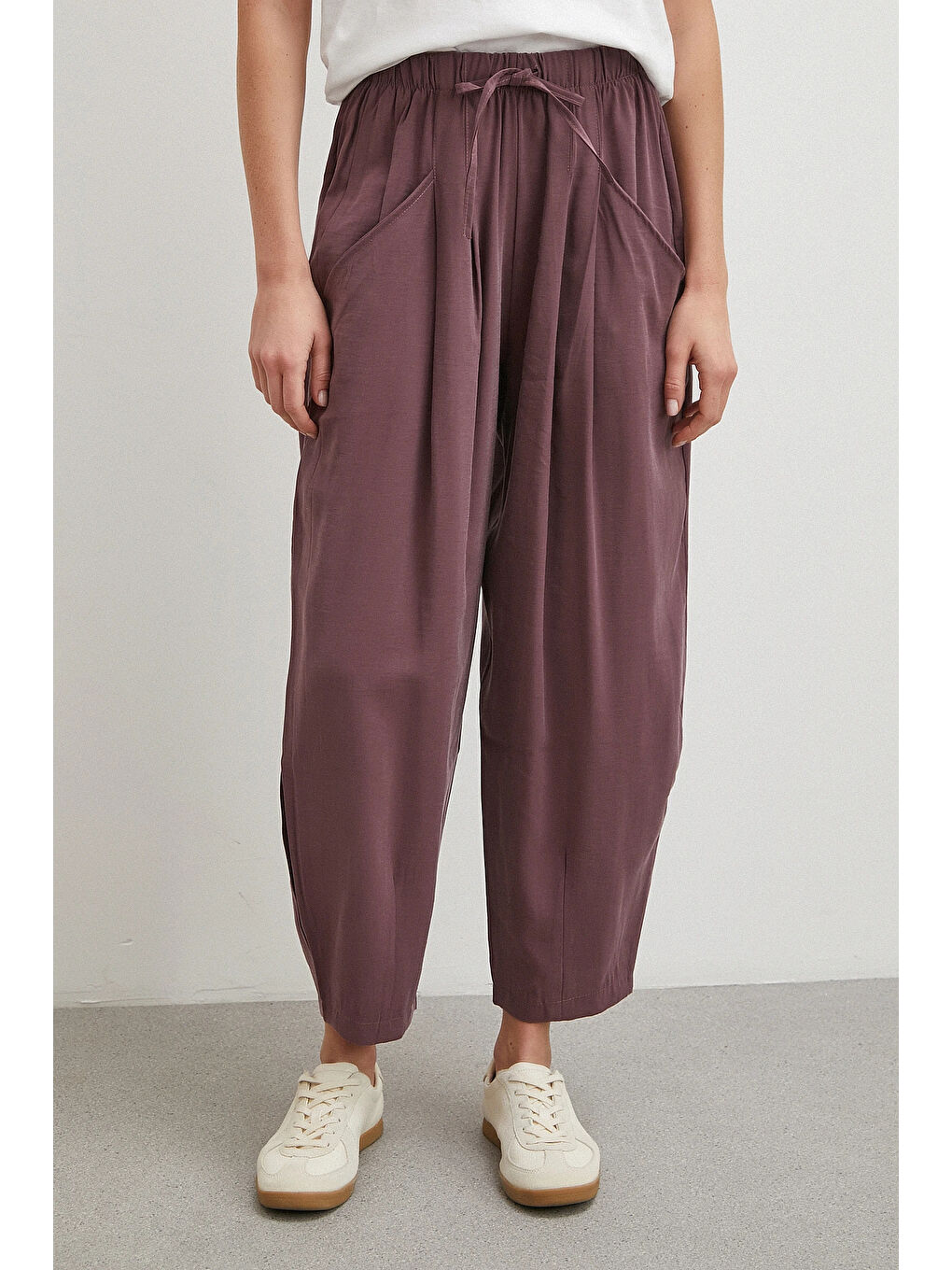 Bağcıklı Beli Lastikli Pileli Pantolon Mürdüm-4