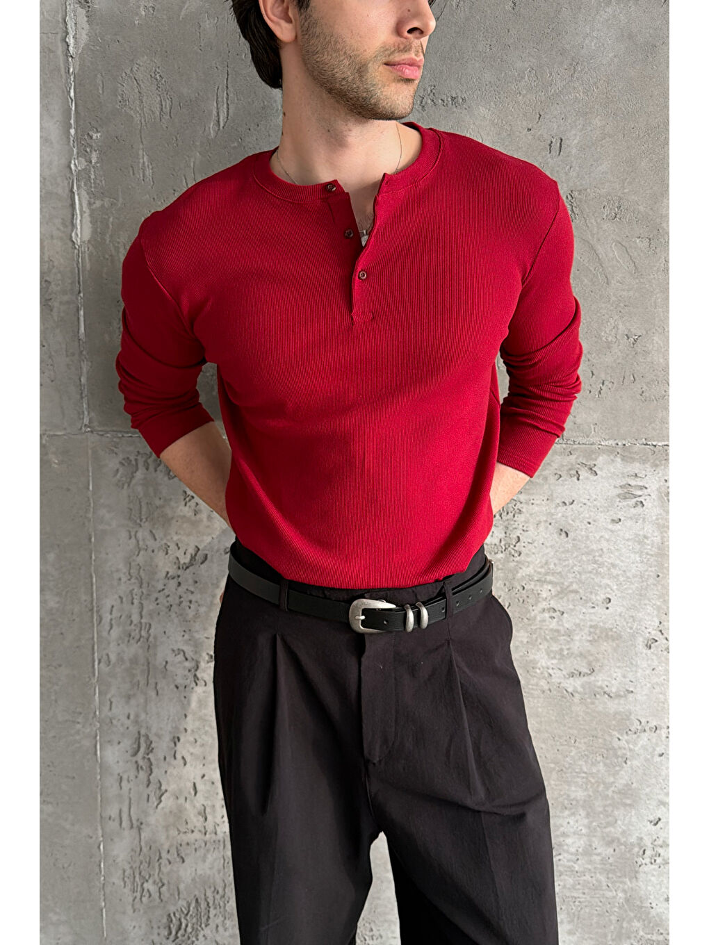 Kırmızı Erkek Henley Yaka Düğmeli Penye Bluz-5