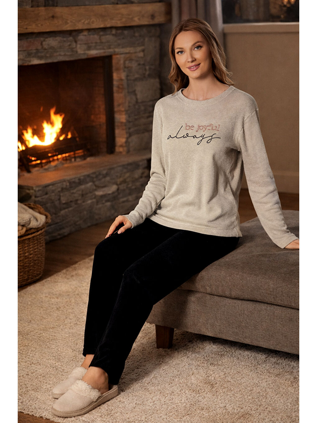 Bej Kadın Selanik Dokuma Pijama Takımı 407 Vizon-1