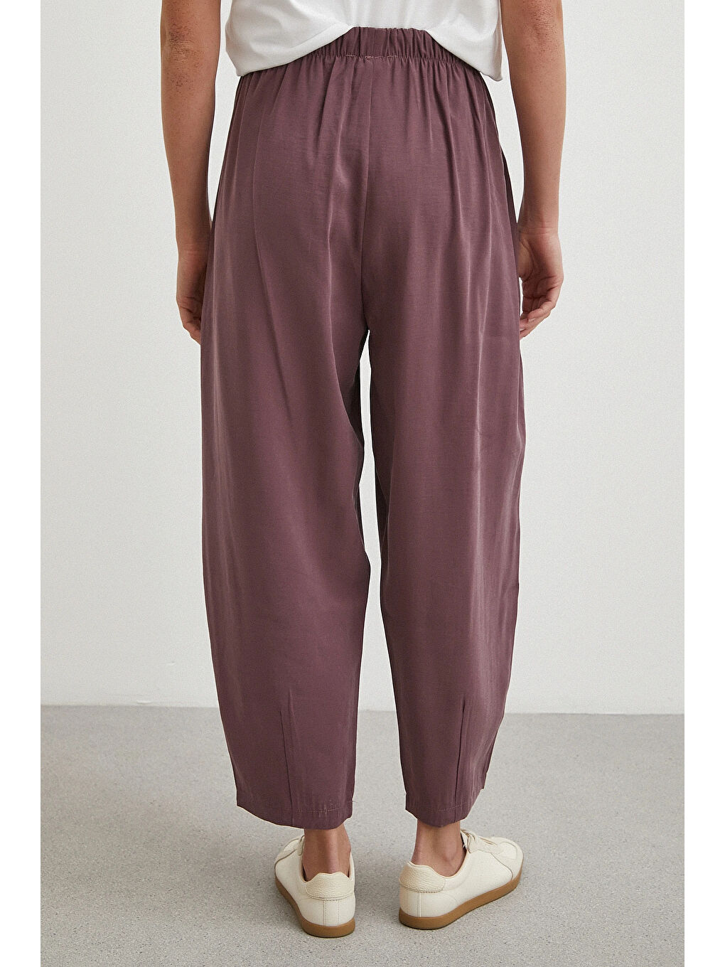 Bağcıklı Beli Lastikli Pileli Pantolon Mürdüm-5
