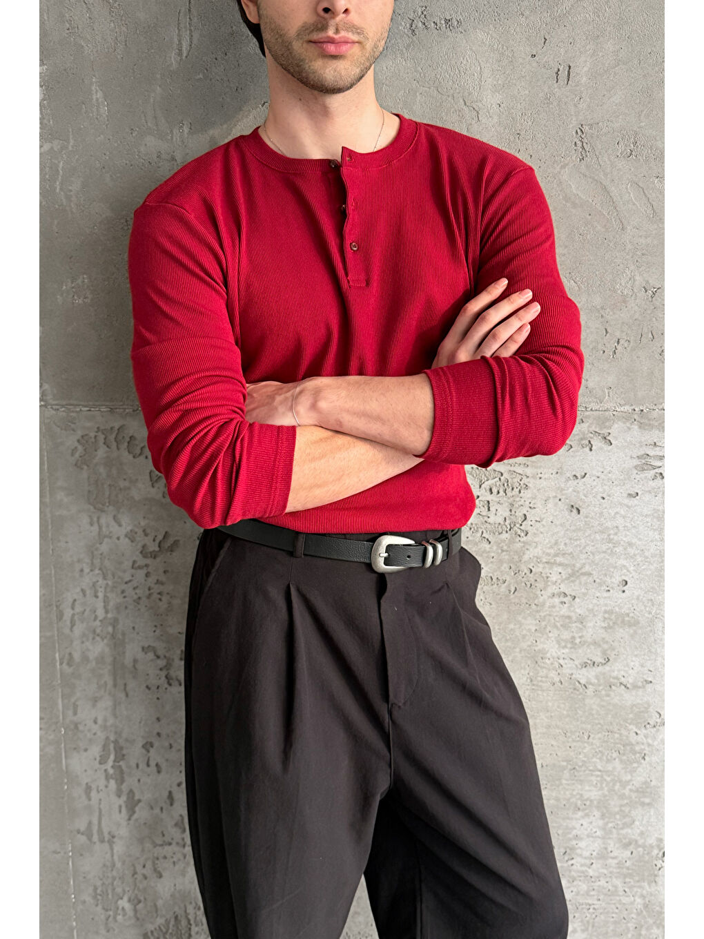 Kırmızı Erkek Henley Yaka Düğmeli Penye Bluz-6