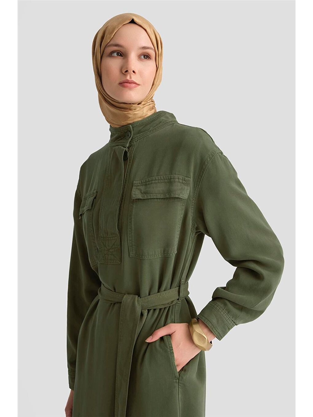 Lyocell Elbise 25Yd9138 Yeşil-3