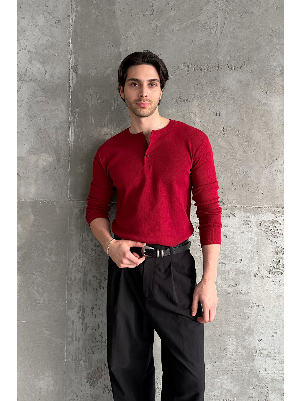 Kırmızı Erkek Henley Yaka Düğmeli Penye Bluz-7