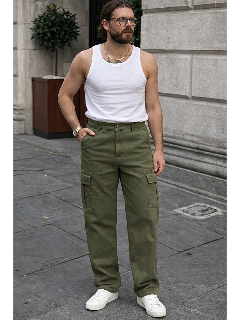 Erkek Günlük Kargo Cep Haki Baggy Pantolon