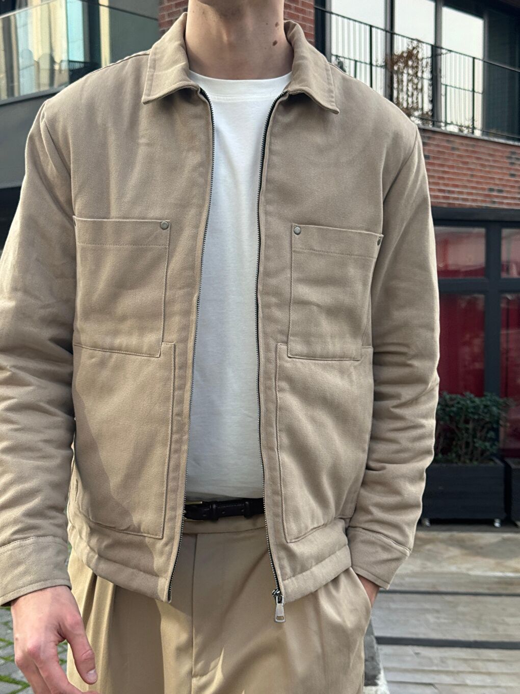 Bej Erkek Pamuklu Mont Ceket Vizon-5